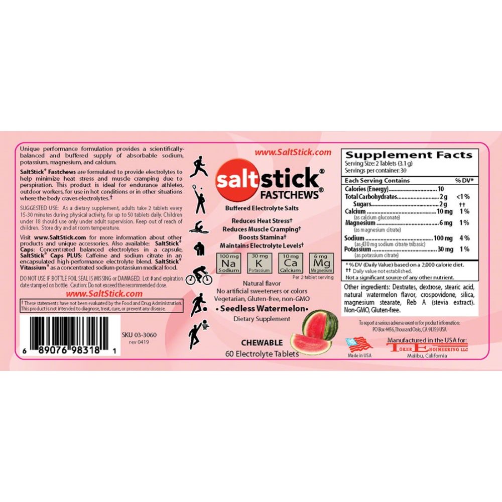 (4 packs ) SaltStick Fastchews Watermelon 10ct Packet - Expiry Date: May 2027