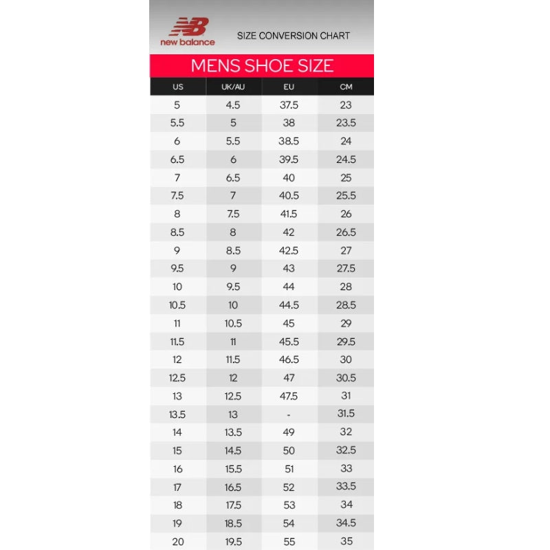 New balance men's shoe size chart hotsell